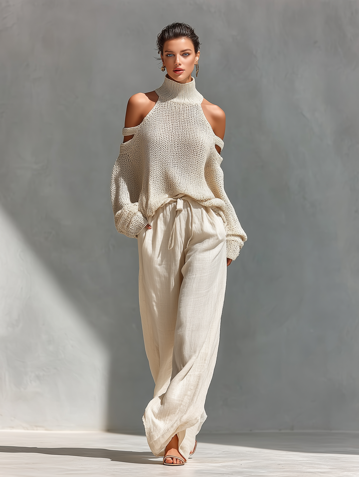 Diorelle - Conjunto de top de punto y pantalón de pierna ancha