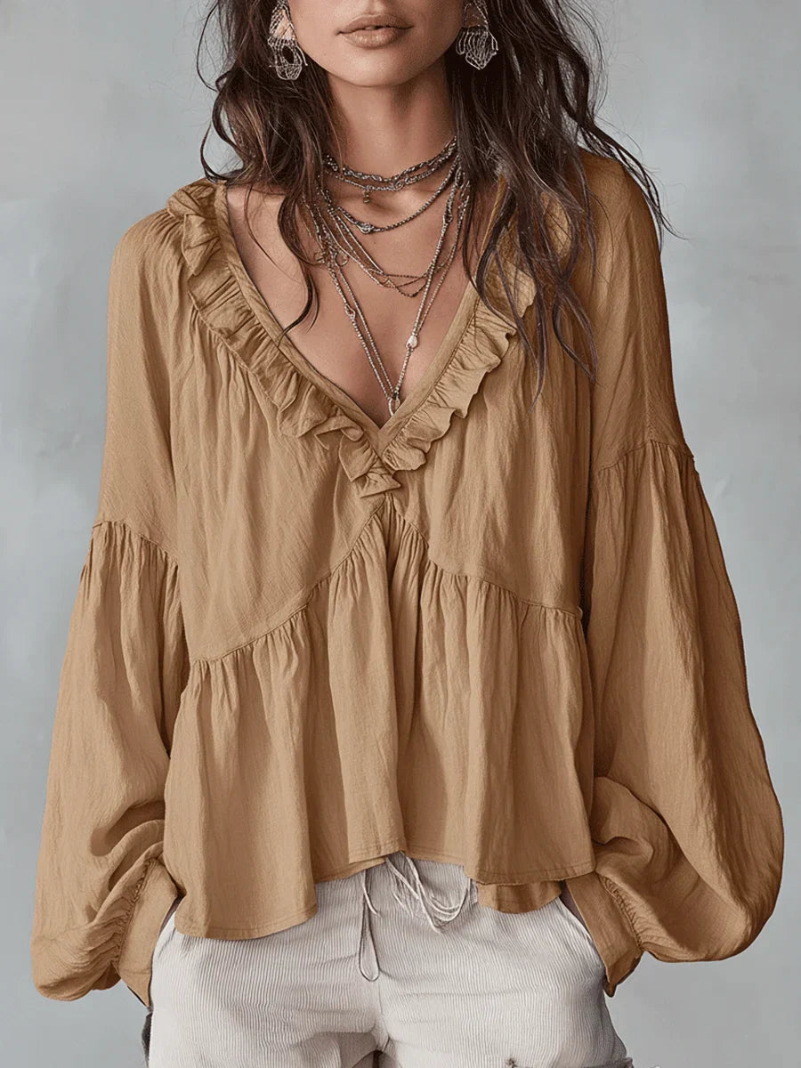 Narella - Blusa con holanes y escote en V
