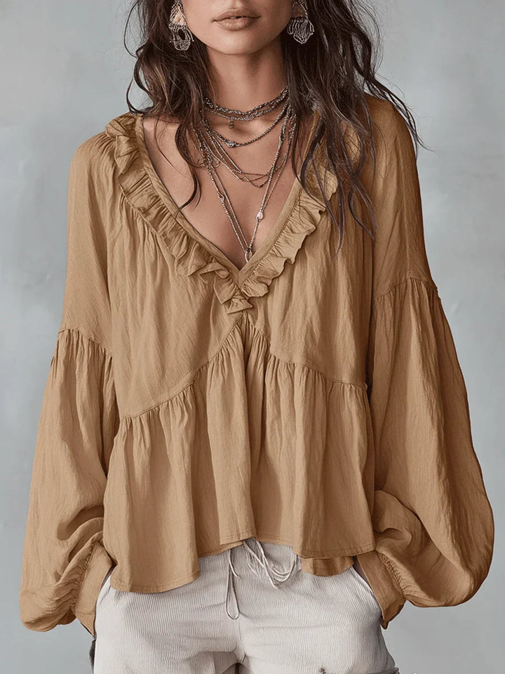 Narella - Blusa con holanes y escote en V