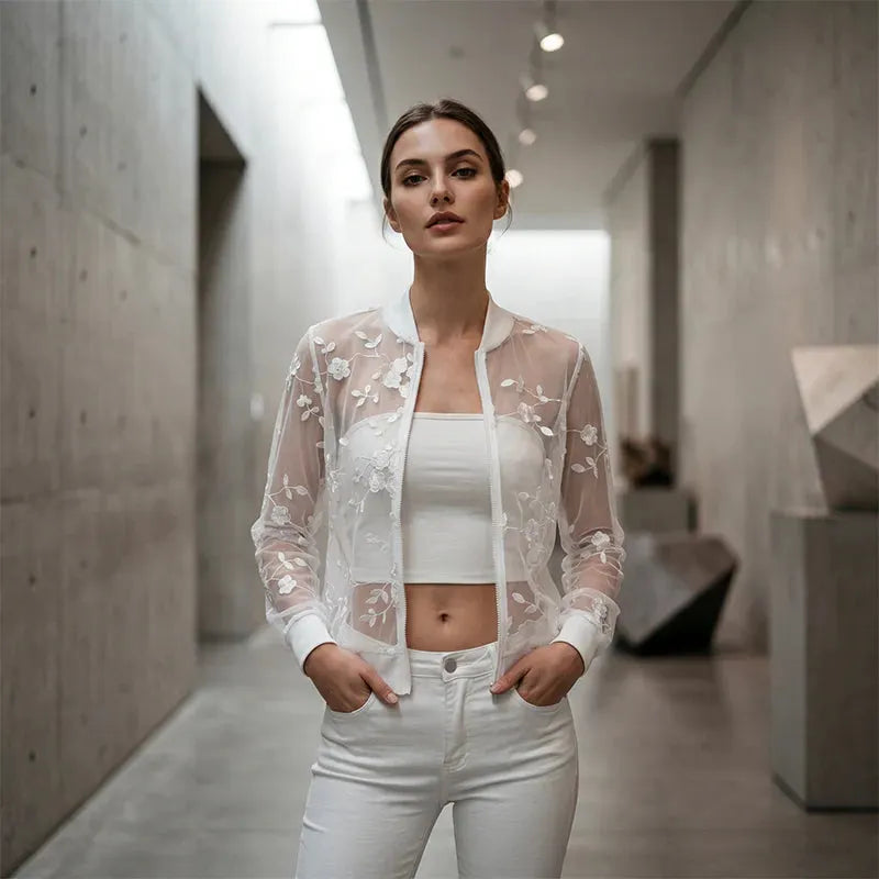 Aderisse - Cárdigan transparente floral con cierre