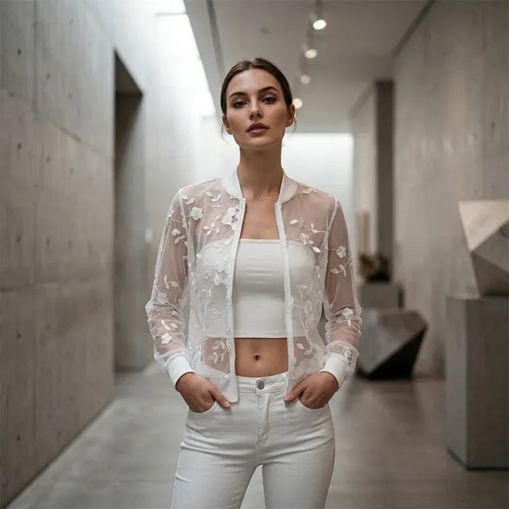 Aderisse - Cárdigan transparente floral con cierre