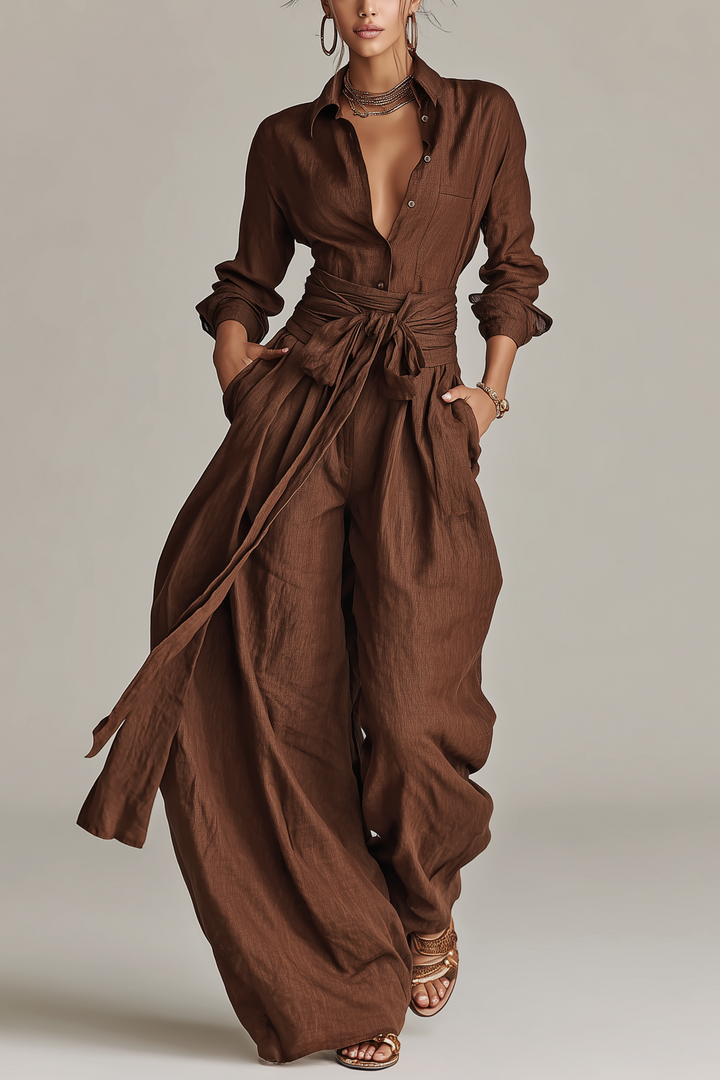 Primalyn - Conjunto de top ligero con botones y pantalón de pierna ancha