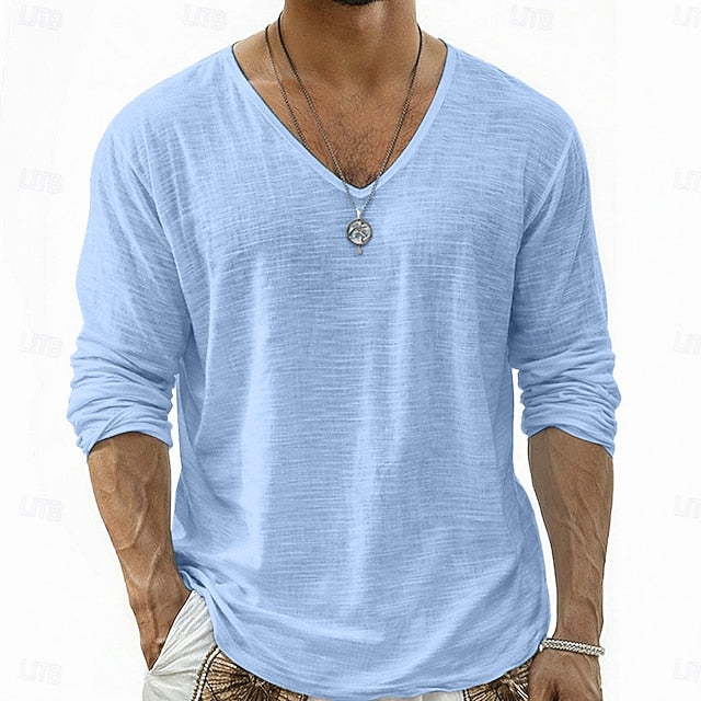 Crispin - Camisa de lino transpirable de manga larga con cuello en V