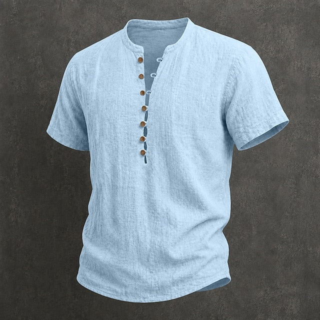 Fulton - Camisa de lino premium de manga corta con cuello mao