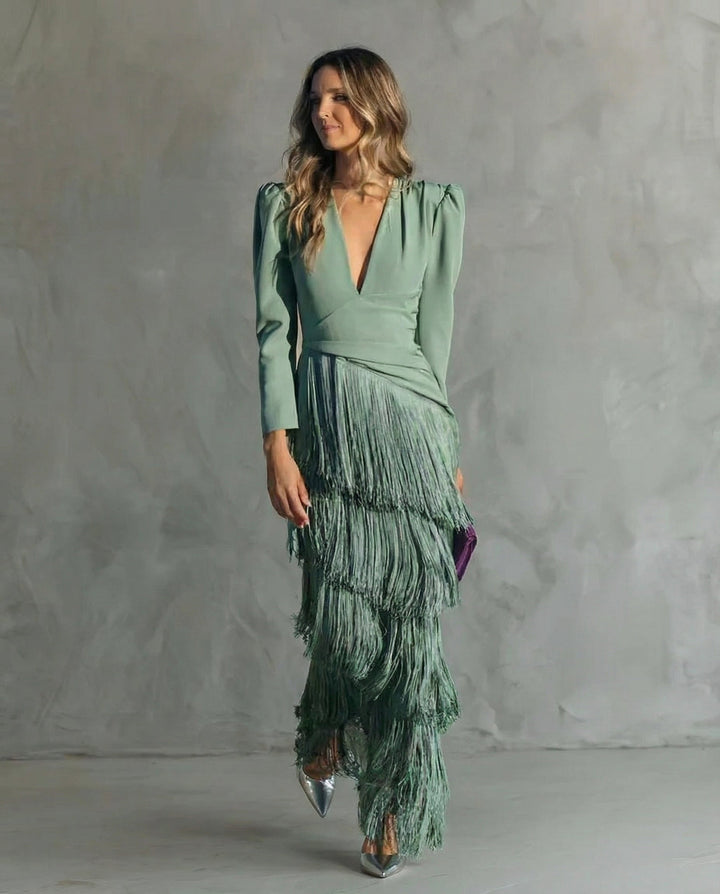 Serenva - Vestido midi elegante con flecos en las mangas