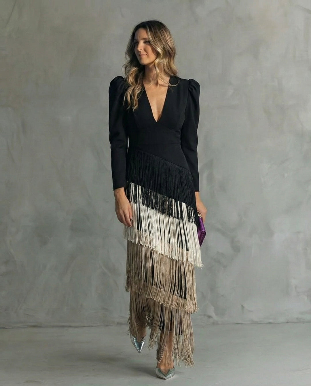 Serenva - Vestido midi elegante con flecos en las mangas