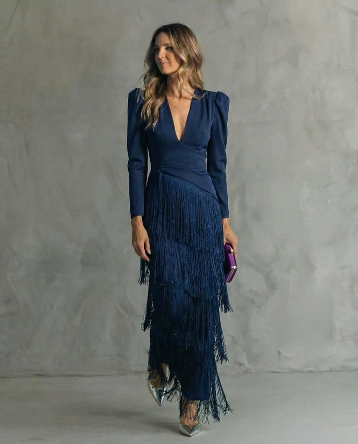 Serenva - Vestido midi elegante con flecos en las mangas