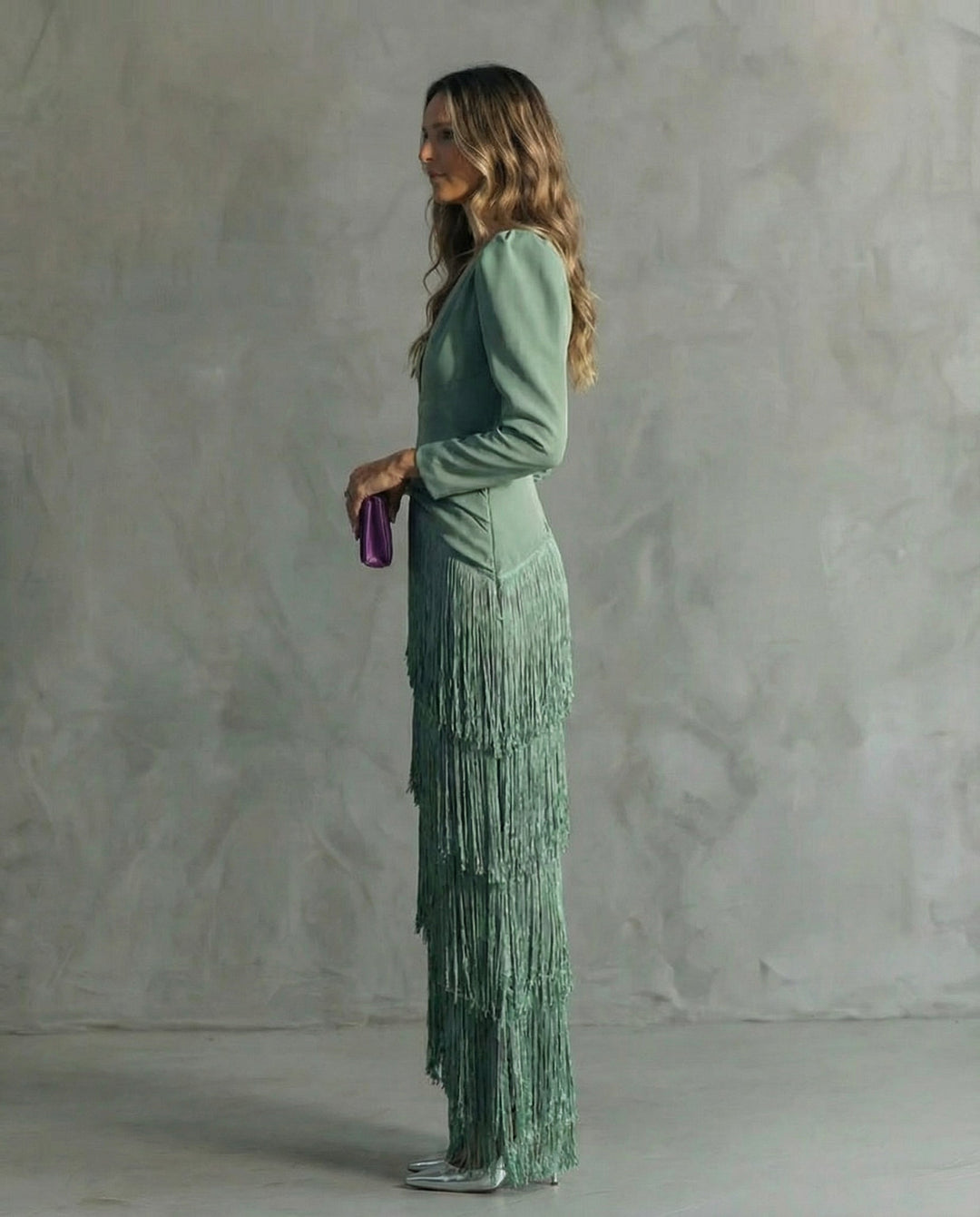 Serenva - Vestido midi elegante con flecos en las mangas