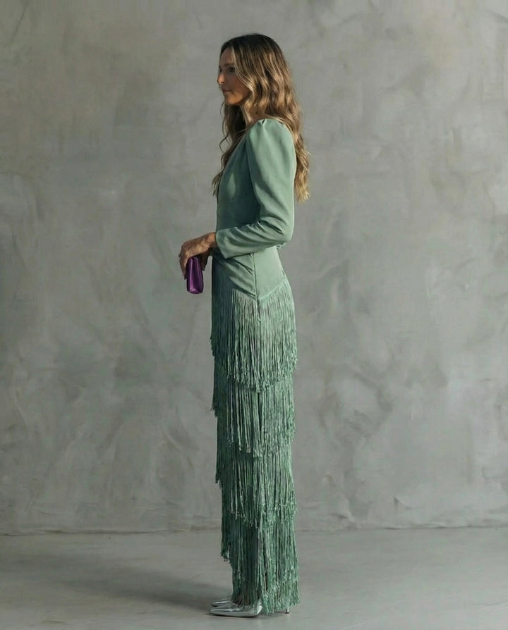 Serenva - Vestido midi elegante con flecos en las mangas