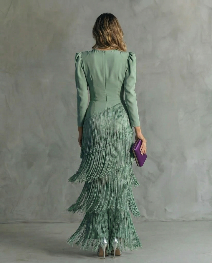 Serenva - Vestido midi elegante con flecos en las mangas