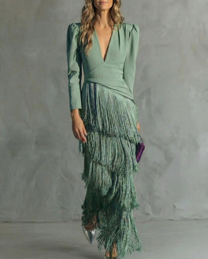 Serenva - Vestido midi elegante con flecos en las mangas