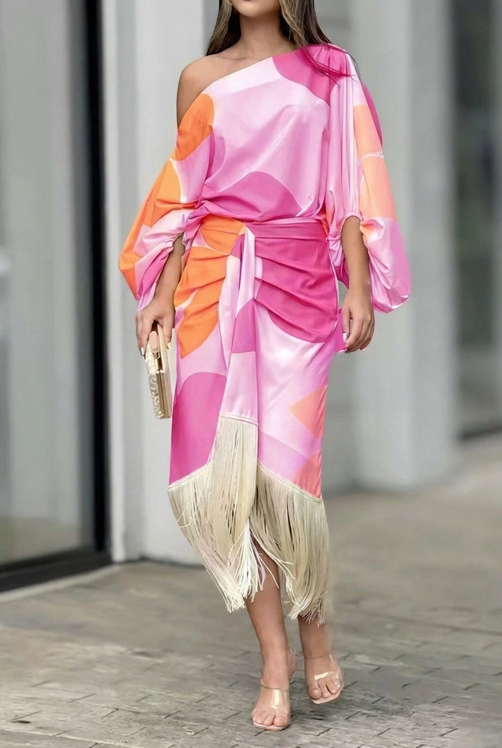 Valira - Vestido midi de un solo hombro con flecos