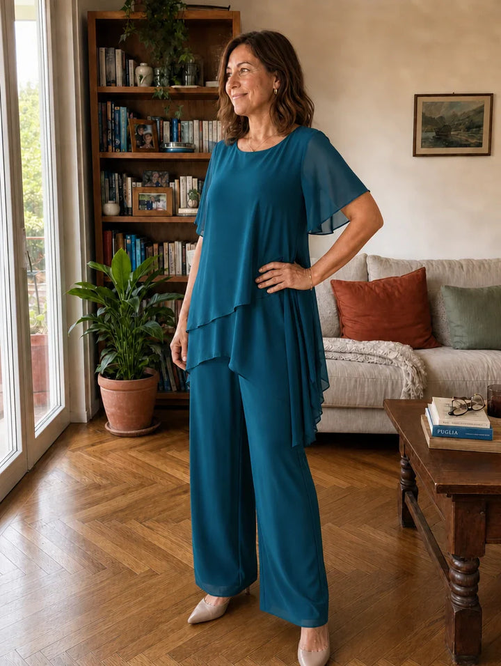 Dahlia - Conjunto de top de chifón con capas y pantalón de pierna ancha