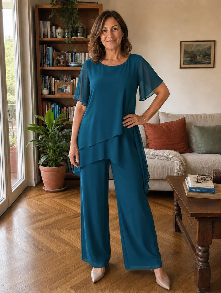 Dahlia - Conjunto de top de chifón con capas y pantalón de pierna ancha