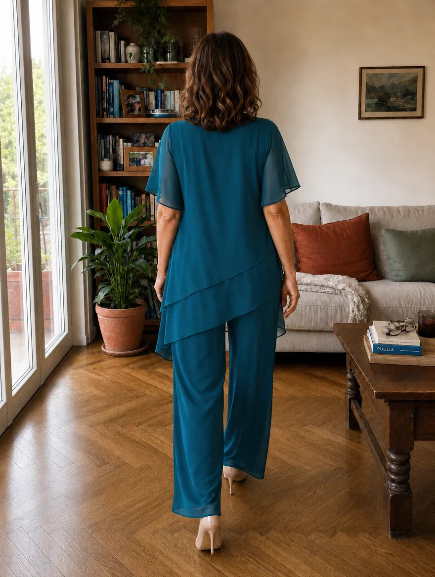 Dahlia - Conjunto de top de chifón con capas y pantalón de pierna ancha