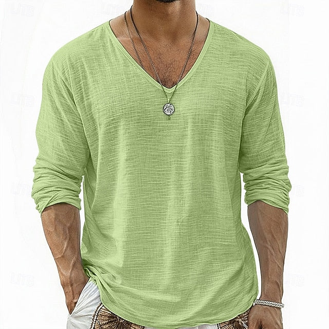 Crispin - Camisa de lino transpirable de manga larga con cuello en V