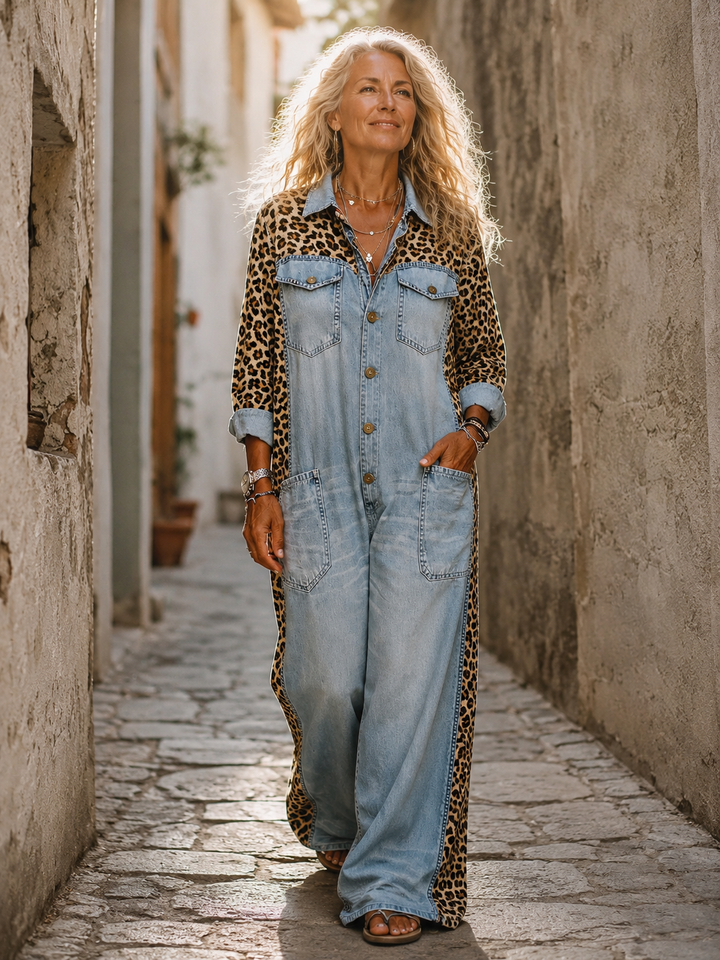Annalise - Enterizo de mezclilla de pierna ancha con panel estampado de leopardo