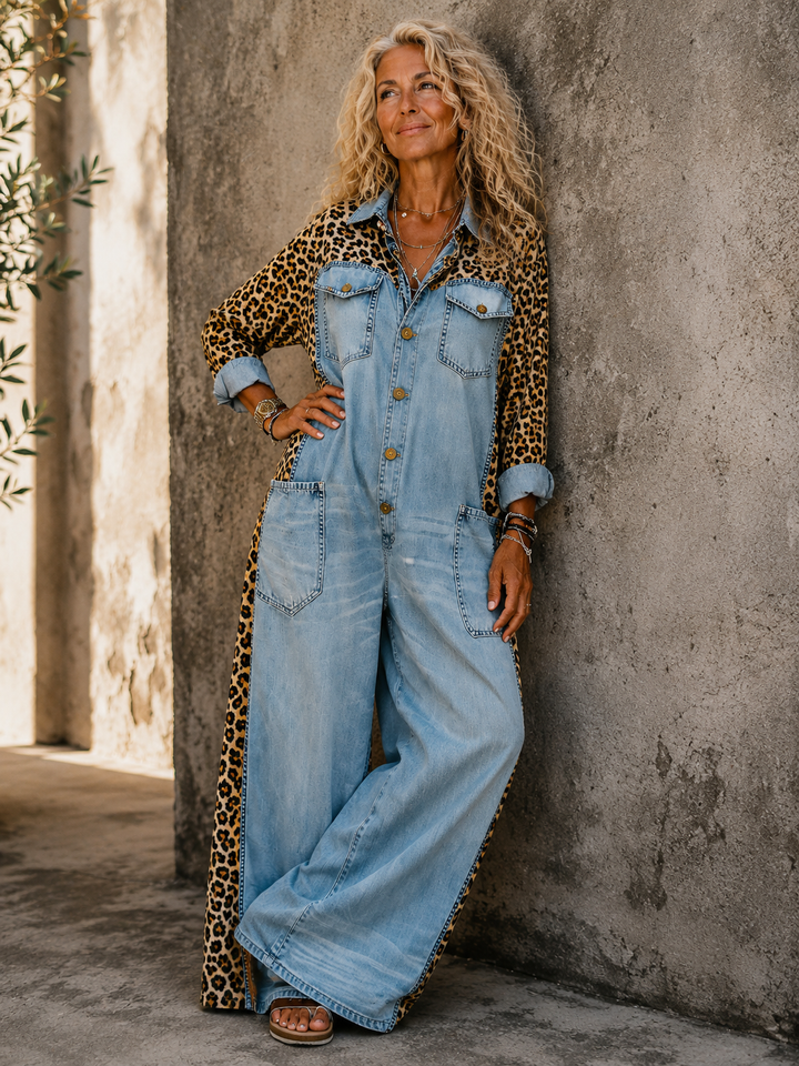Annalise - Enterizo de mezclilla de pierna ancha con panel estampado de leopardo