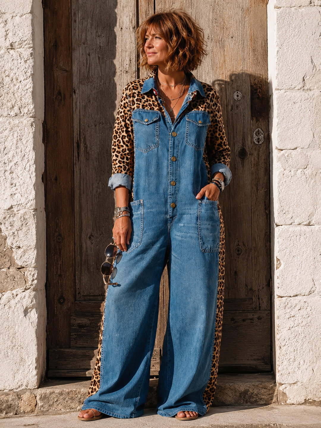 Annalise - Enterizo de mezclilla de pierna ancha con panel estampado de leopardo