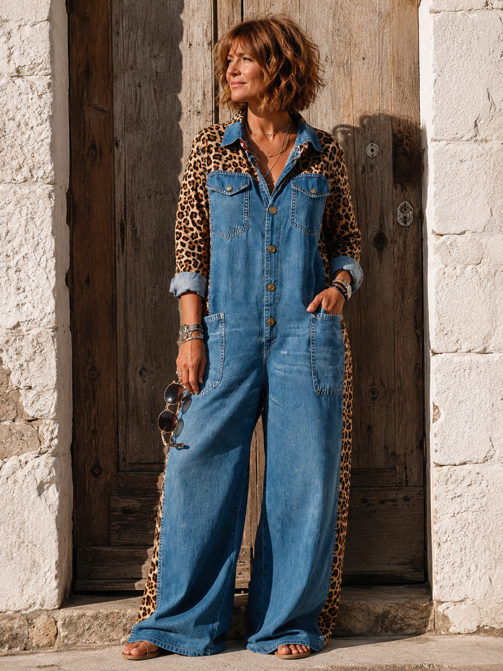 Annalise - Enterizo de mezclilla de pierna ancha con panel estampado de leopardo