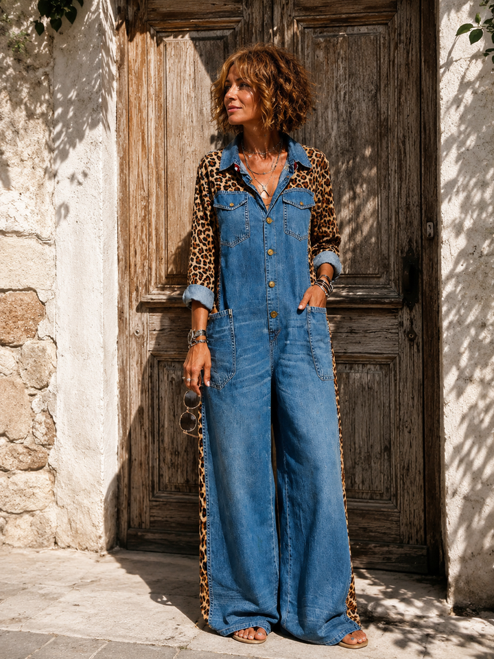 Annalise - Enterizo de mezclilla de pierna ancha con panel estampado de leopardo