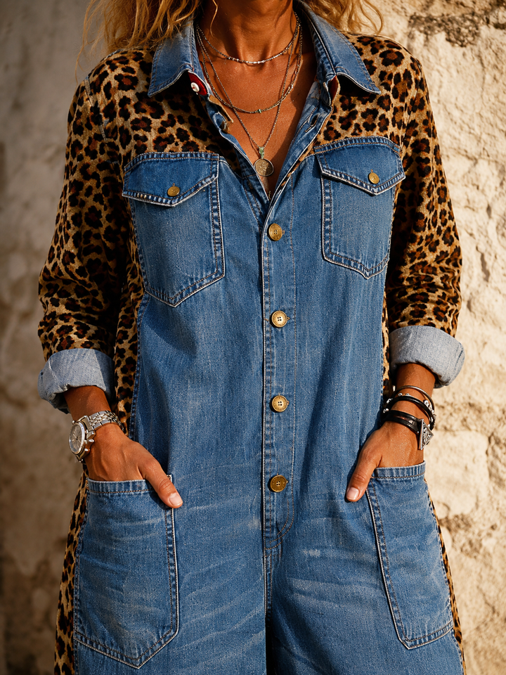 Annalise - Enterizo de mezclilla de pierna ancha con panel estampado de leopardo