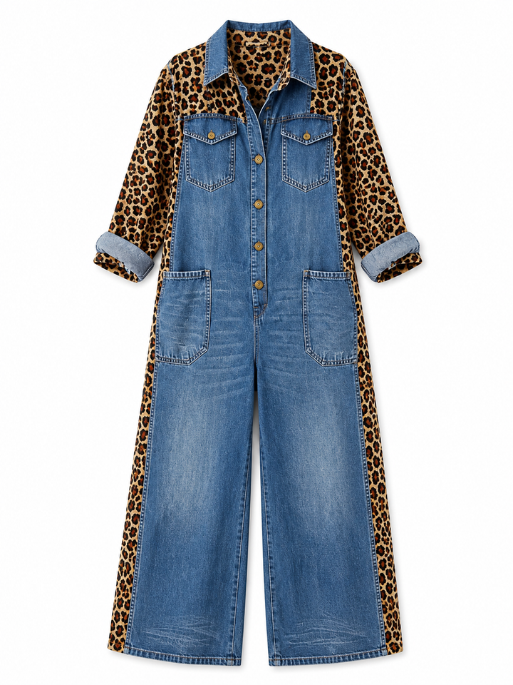 Annalise - Enterizo de mezclilla de pierna ancha con panel estampado de leopardo