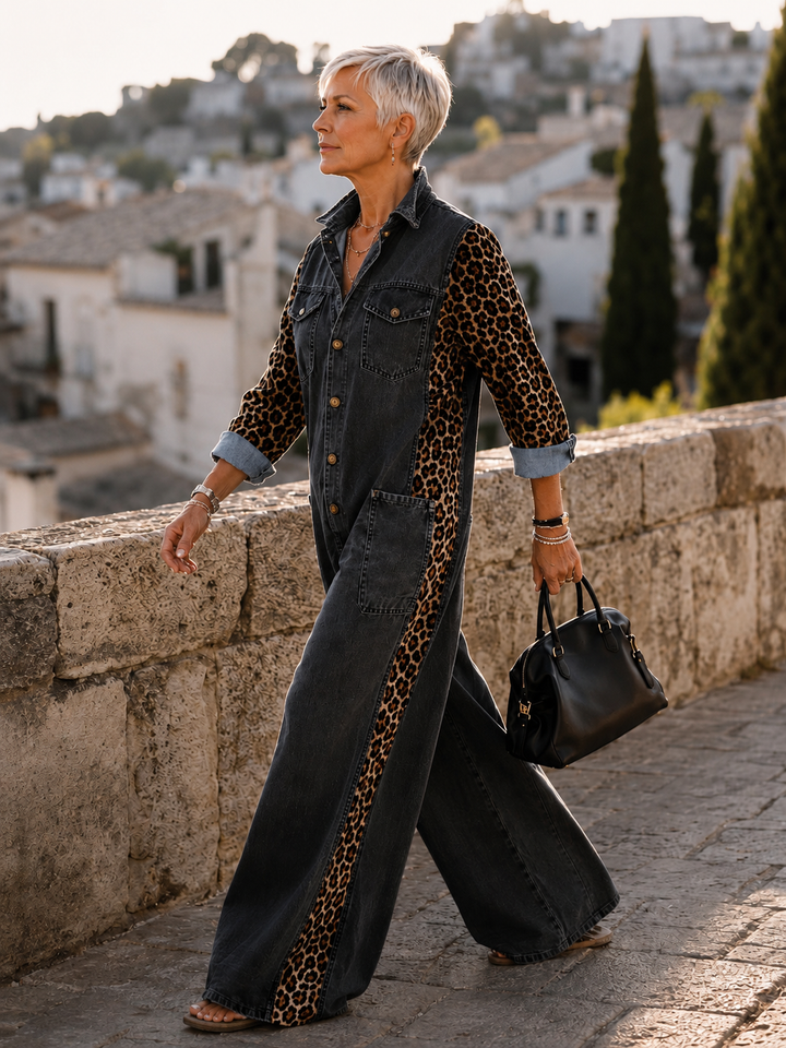 Annalise - Enterizo de mezclilla de pierna ancha con panel estampado de leopardo