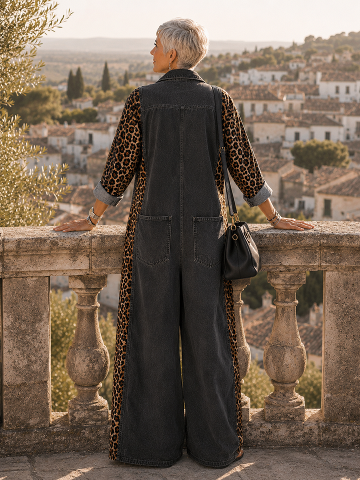 Annalise - Enterizo de mezclilla de pierna ancha con panel estampado de leopardo