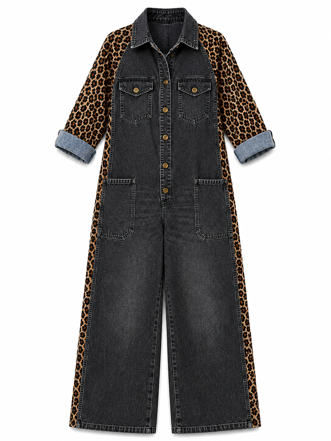 Annalise - Enterizo de mezclilla de pierna ancha con panel estampado de leopardo