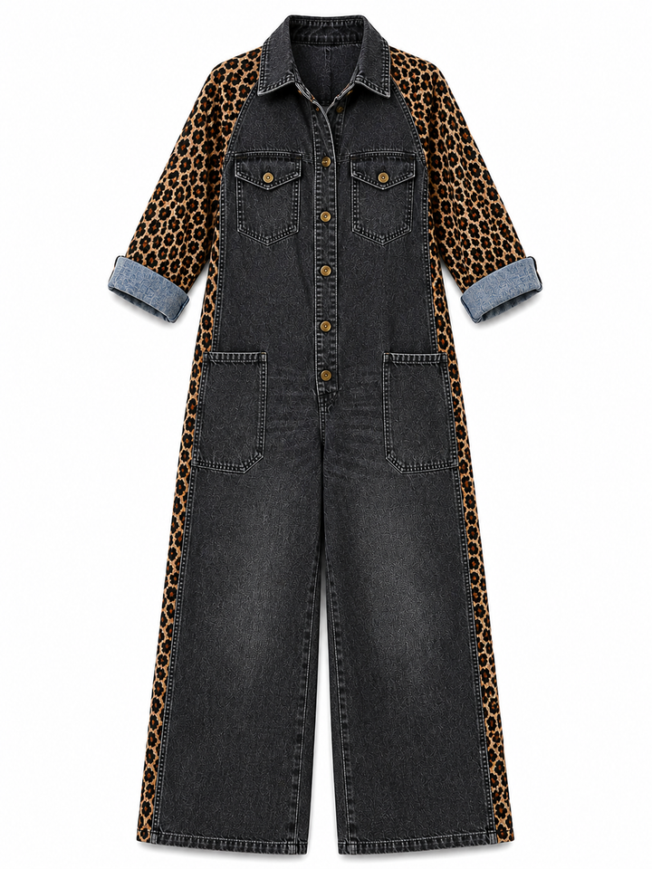 Annalise - Enterizo de mezclilla de pierna ancha con panel estampado de leopardo