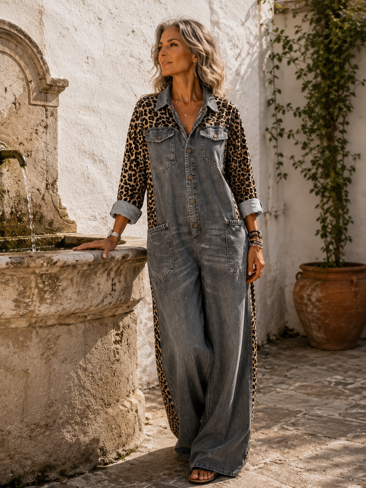 Annalise - Enterizo de mezclilla de pierna ancha con panel estampado de leopardo
