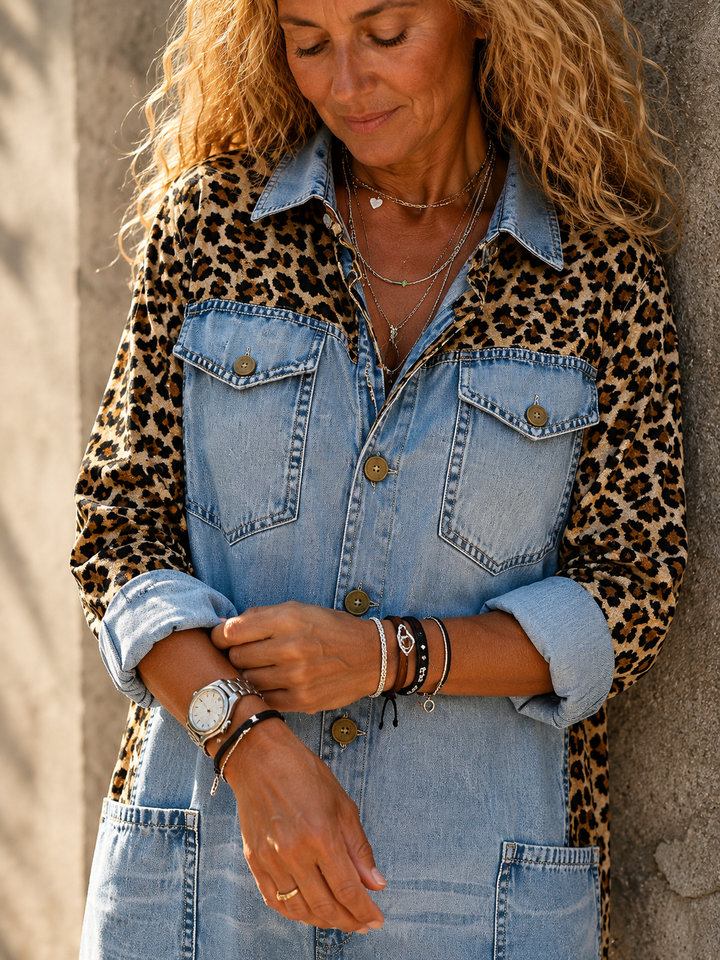 Annalise - Enterizo de mezclilla de pierna ancha con panel estampado de leopardo