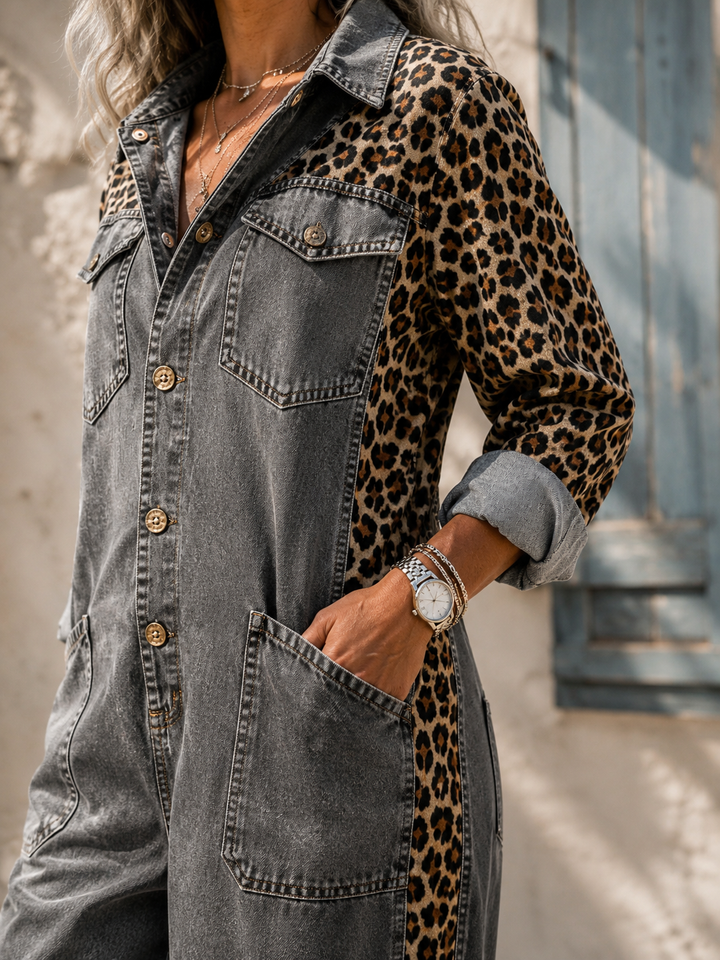 Annalise - Enterizo de mezclilla de pierna ancha con panel estampado de leopardo