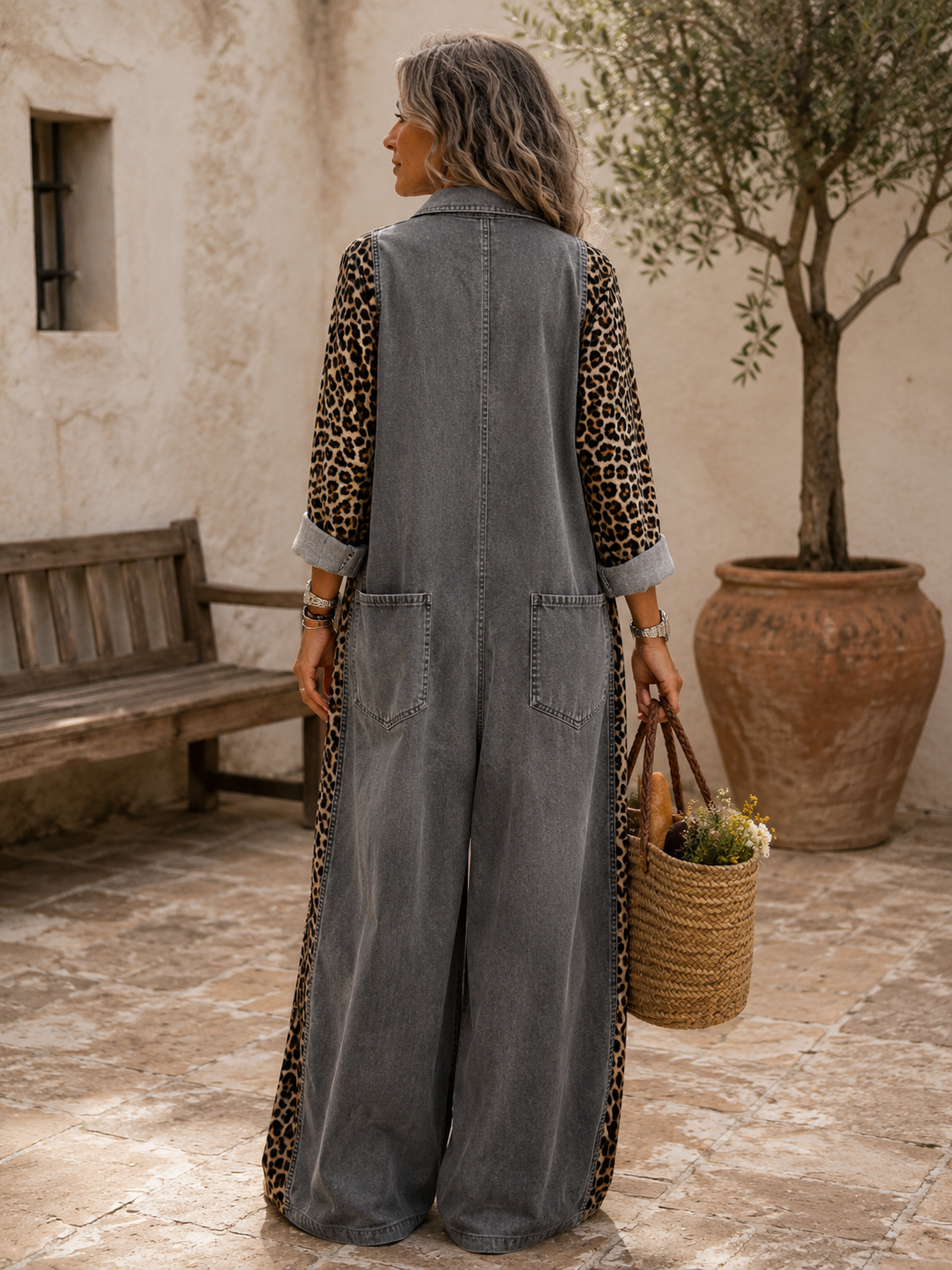 Annalise - Enterizo de mezclilla de pierna ancha con panel estampado de leopardo