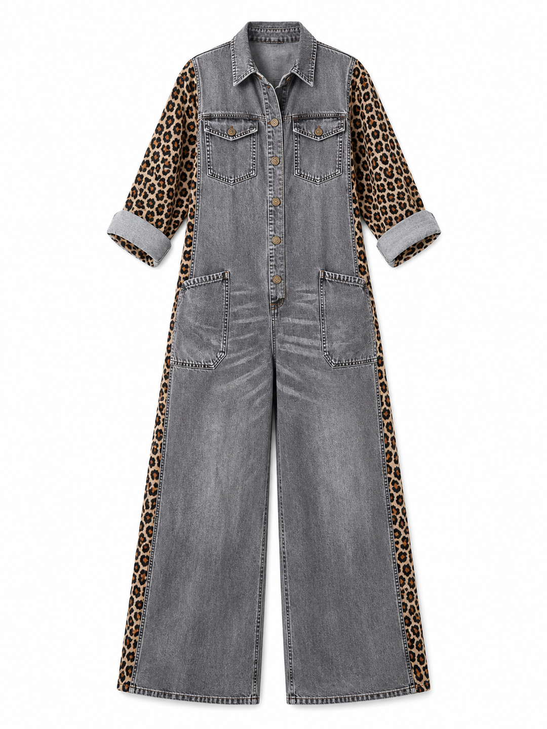 Annalise - Enterizo de mezclilla de pierna ancha con panel estampado de leopardo