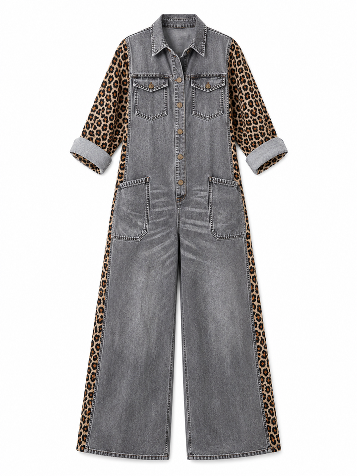 Annalise - Enterizo de mezclilla de pierna ancha con panel estampado de leopardo