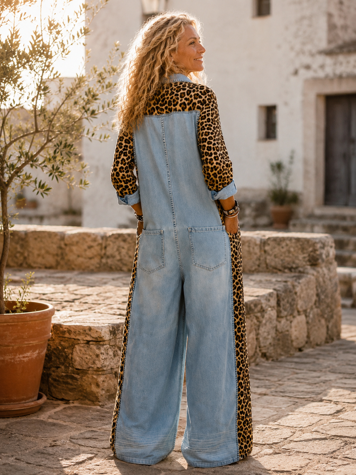 Annalise - Enterizo de mezclilla de pierna ancha con panel estampado de leopardo