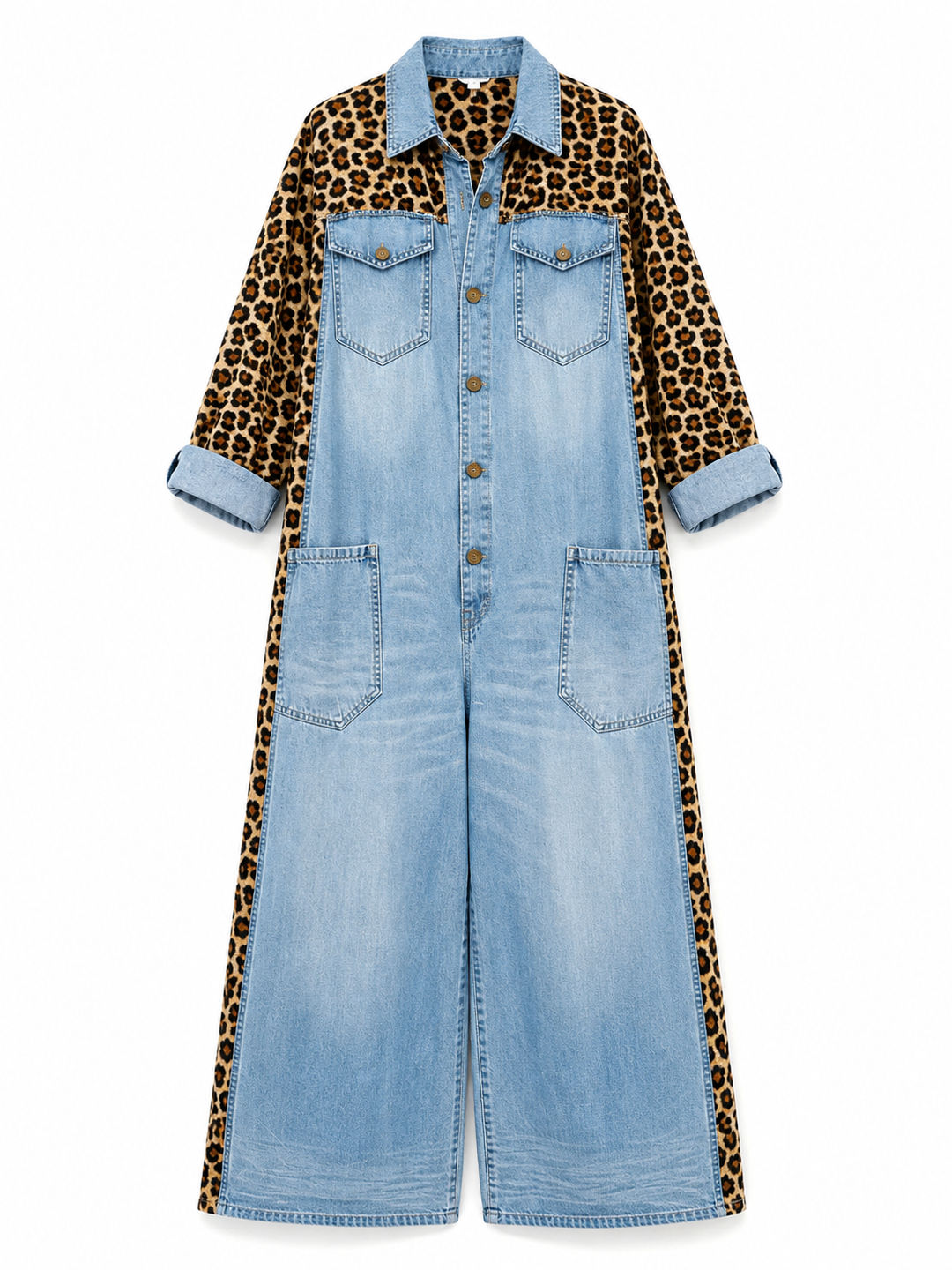 Annalise - Enterizo de mezclilla de pierna ancha con panel estampado de leopardo