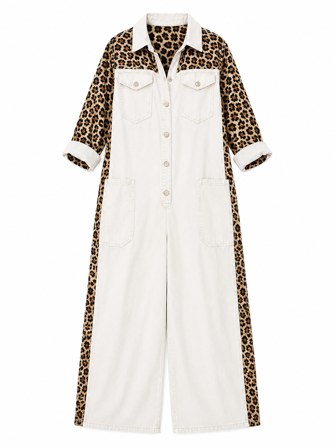 Annalise - Enterizo de mezclilla de pierna ancha con panel estampado de leopardo