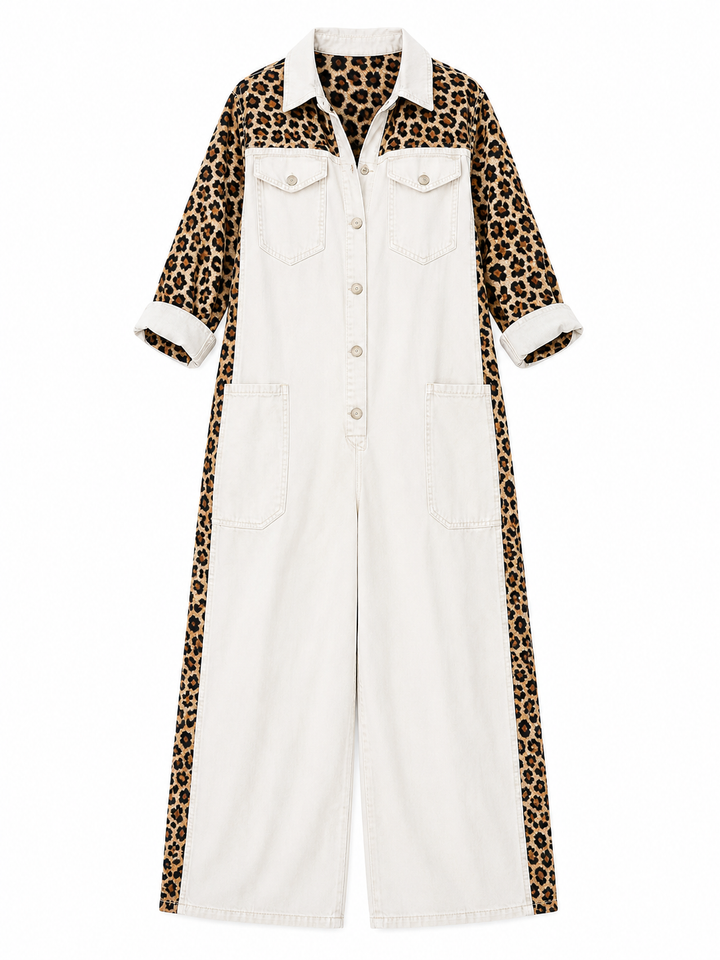 Annalise - Enterizo de mezclilla de pierna ancha con panel estampado de leopardo