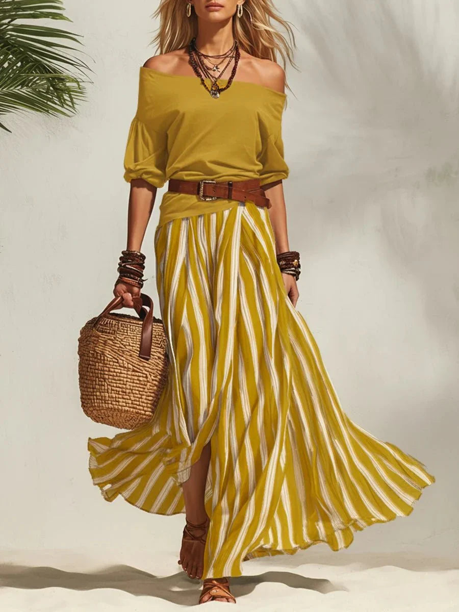 Delphia - Conjunto de falda con escote bardot ligero