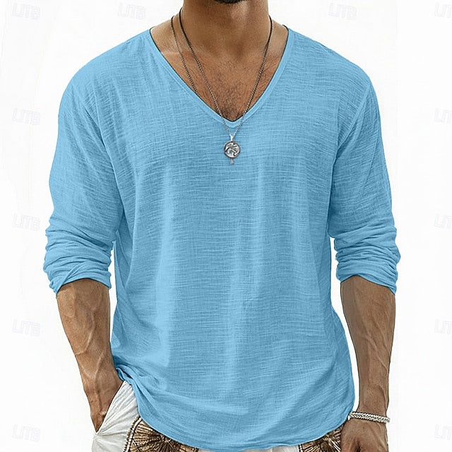 Crispin - Camisa de lino transpirable de manga larga con cuello en V