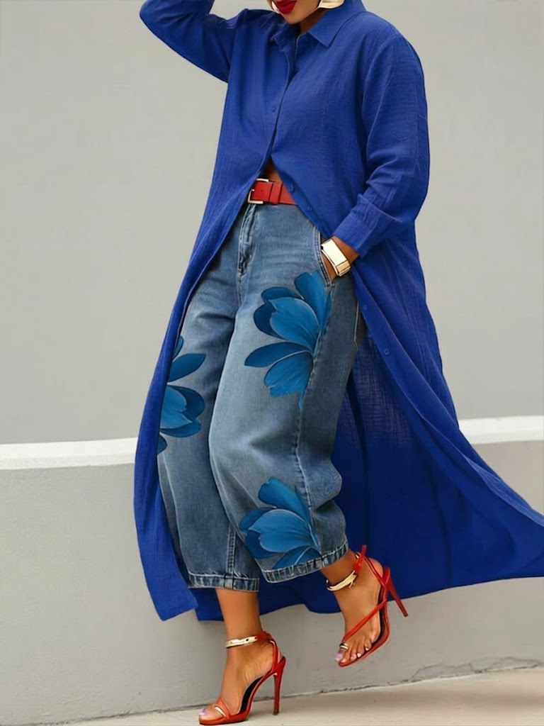 Rhona - Conjunto de camisa abotonada y jeans estampados