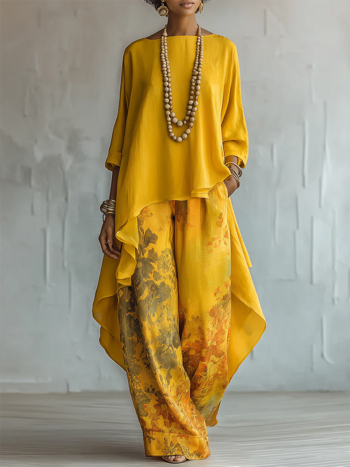 Zafira - Conjunto de túnica fluida y pantalón de pierna ancha estampado