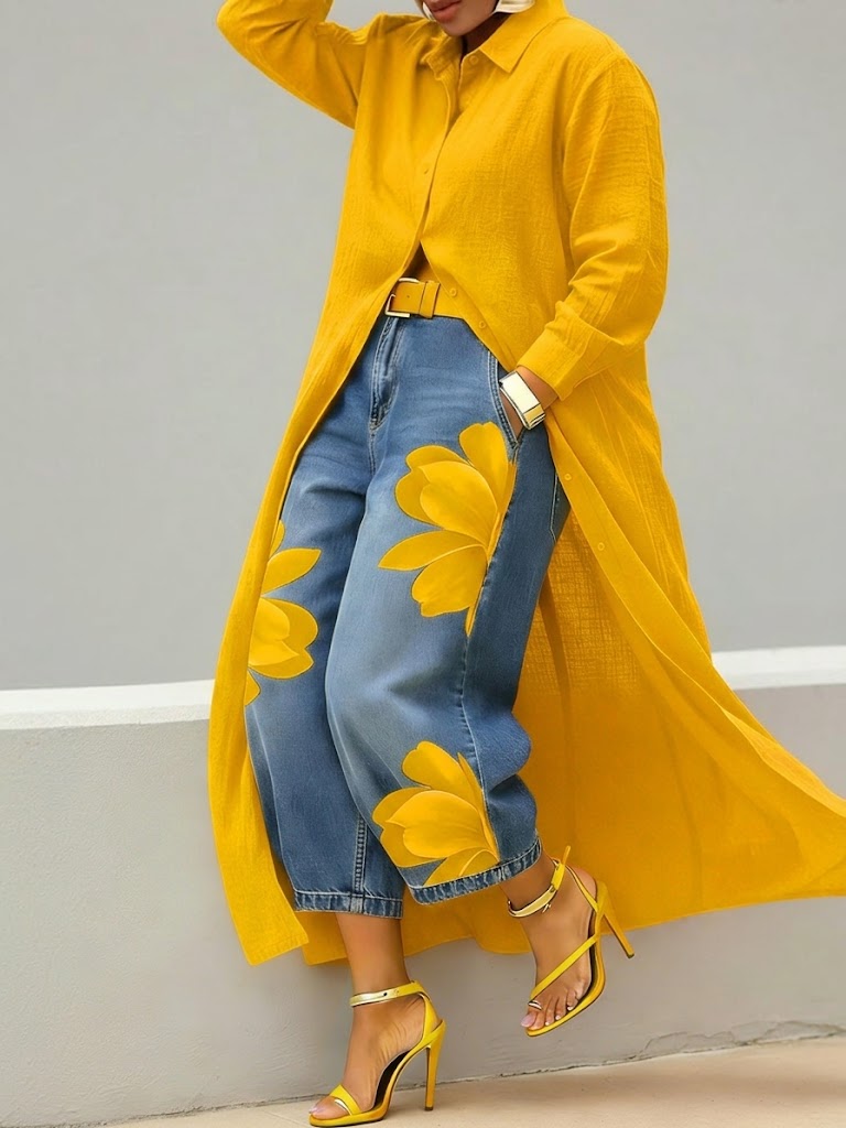 Rhona - Conjunto de camisa abotonada y jeans estampados