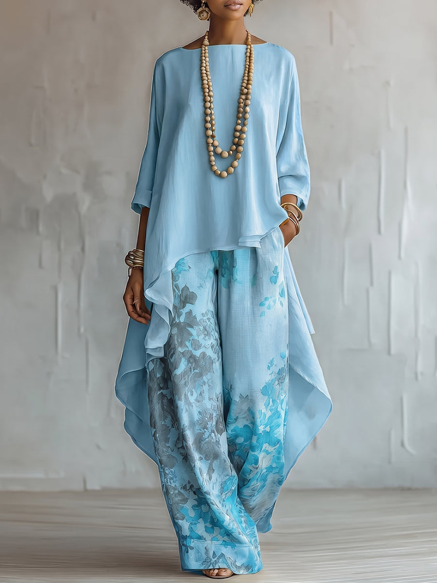 Zafira - Conjunto de túnica fluida y pantalón de pierna ancha estampado
