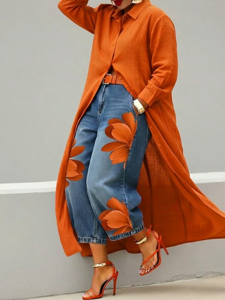 Rhona - Conjunto de camisa abotonada y jeans estampados