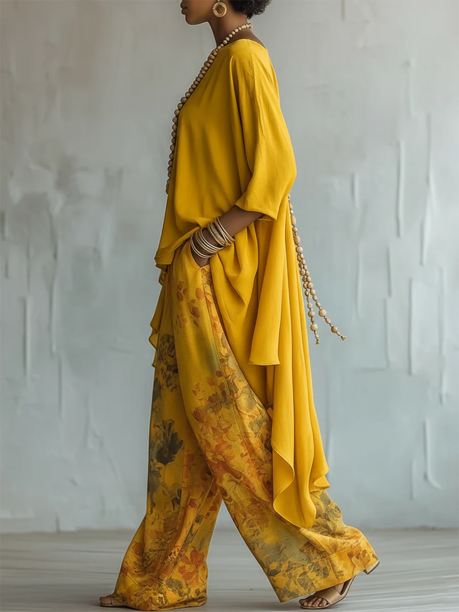 Zafira - Conjunto de túnica fluida y pantalón de pierna ancha estampado
