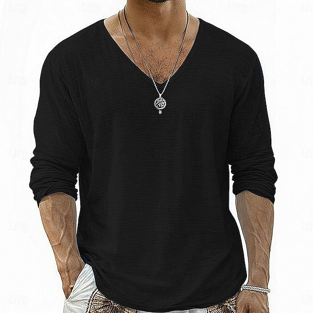Crispin - Camisa de lino transpirable de manga larga con cuello en V